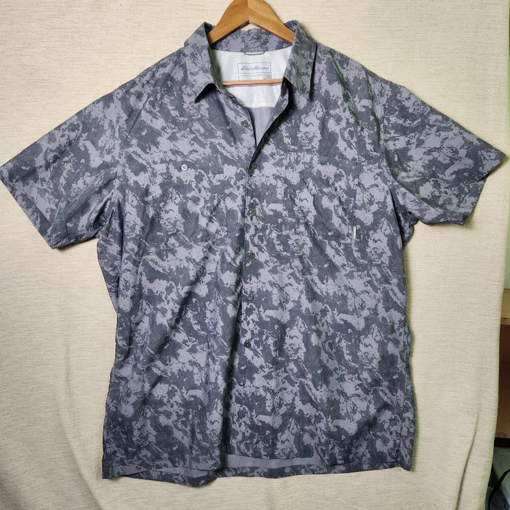 Eddie Bauer Mens XL‎ Tall Grey Digital Camo Ripstop Short Sleeve Button Shirt